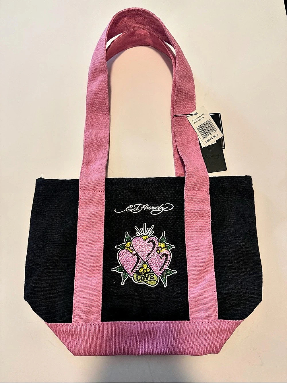 Ed Hardy Canvas Tote Bag Black Pink Rhinestone Love Heart